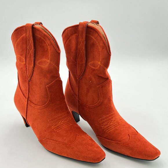 Brown Orange Square Toe Comfort Kitten Low Heel Ankle Boot Pull On Bootie Winter - Picture 3 of 6